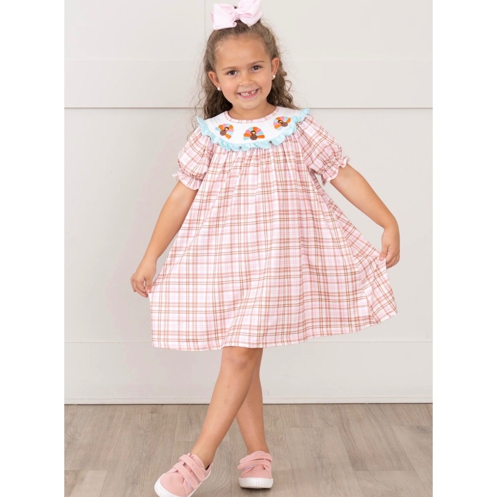 Marie Nicole Girls Thanksgiving Turkey Plaid Smocked Dress Pink Brown 4XL 8/10